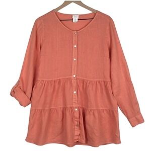 SIGRID OLSEN 100% Linen Tiered Top Sz S Coral Orange Roll Tab Button Lagenlook